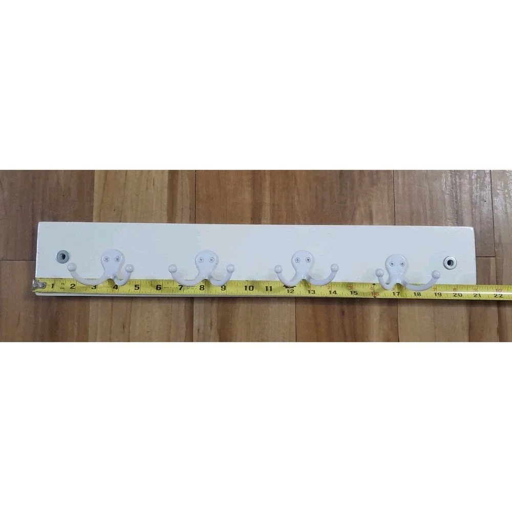 White Wooden Wall Mount Hook Rail 4 Heavy Duty Double Hooks Towel Hanger